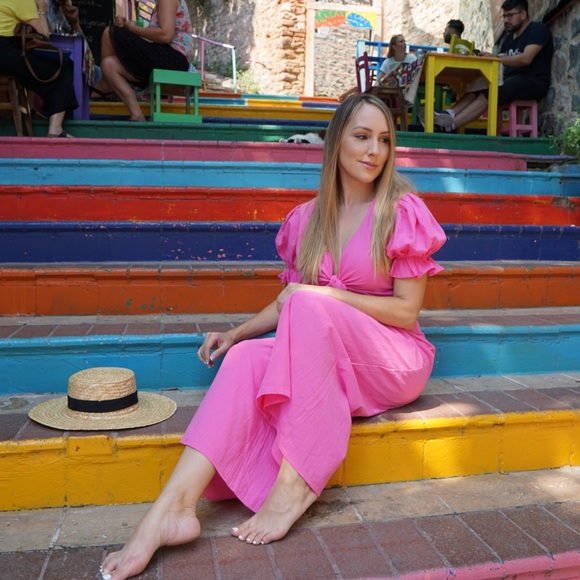 2 piece palazzo Capri pant set hot pink - Picture 2 of 2